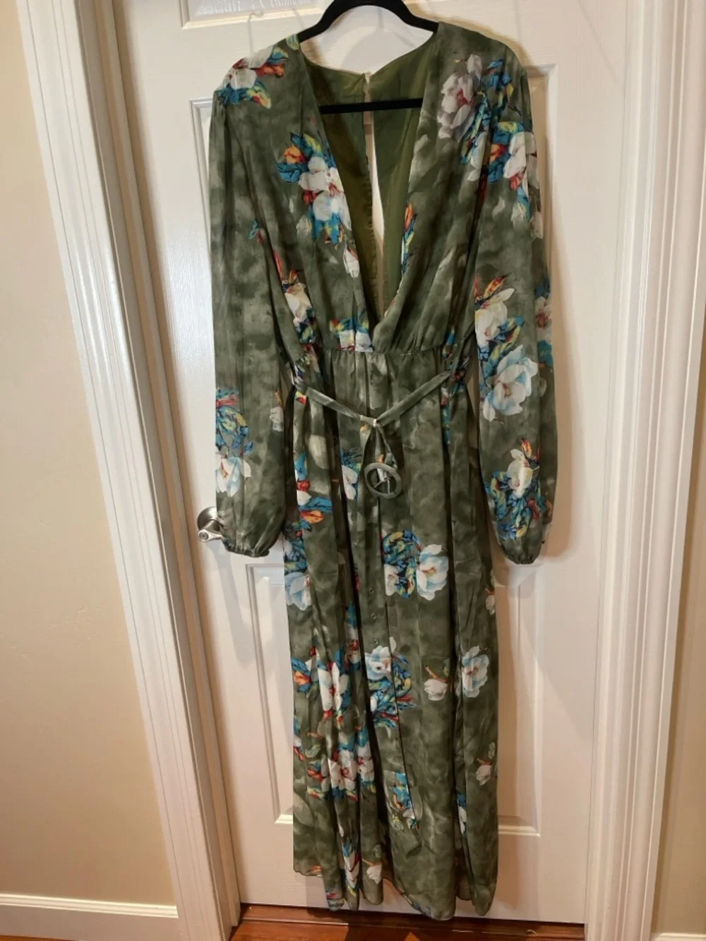 Olive Floral V-Neck Maxi Dress with Belt - Picture 2 of 9